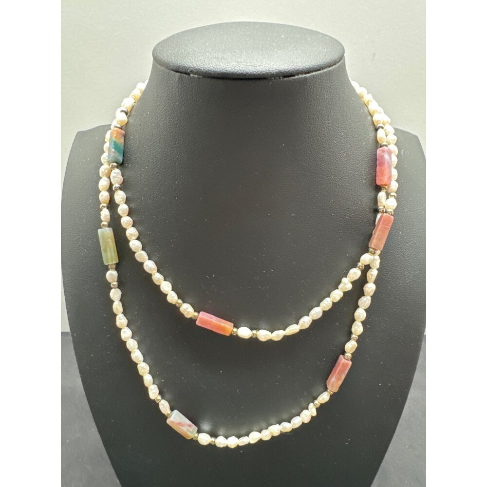 Long Multicolor Quartz & Freshwater Pearl Beaded Necklace 32 Inch